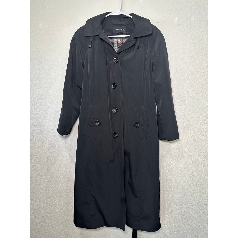 London Fog Black Trench Coat with Removable Plaid Liner and Hood Womens 8P